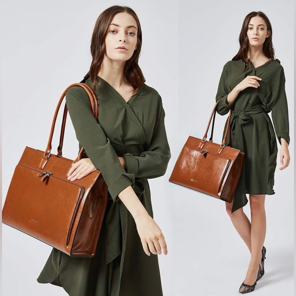 BOSTANTEN Vintage Leather Briefcase for Women 15.6” Laptop Bag Tote Brown NWOT